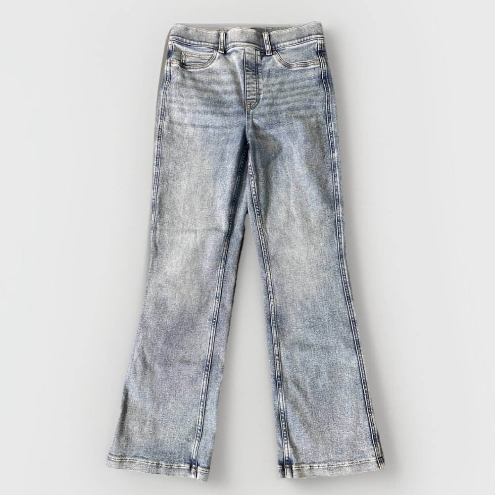 Spanx Women's High Rise Kick Flare Jeans Medium Tall Blue Stretch Pull-On Denim - Picture 4 of 9